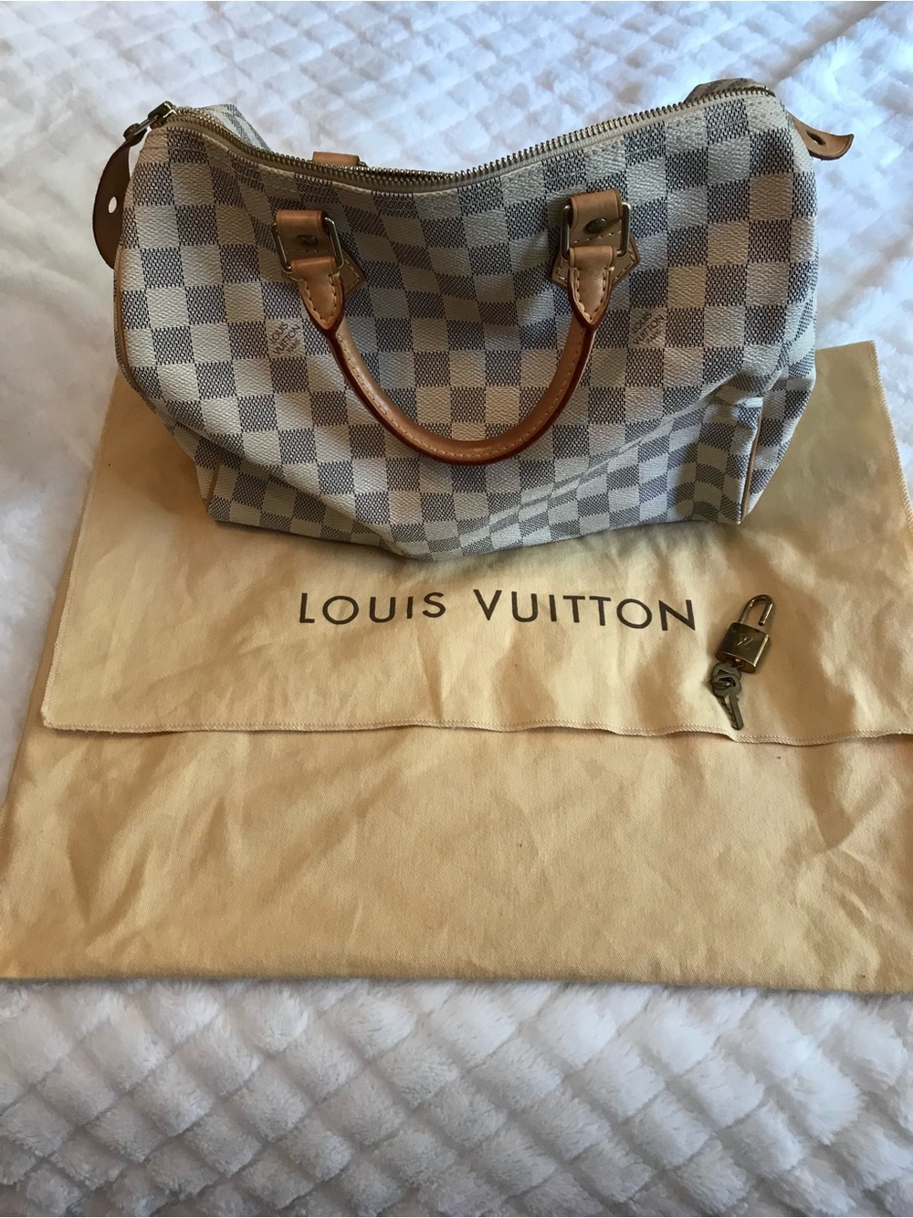 Louis Vuitton Damier Azur Speedy Satchel in Cream and Light Blue